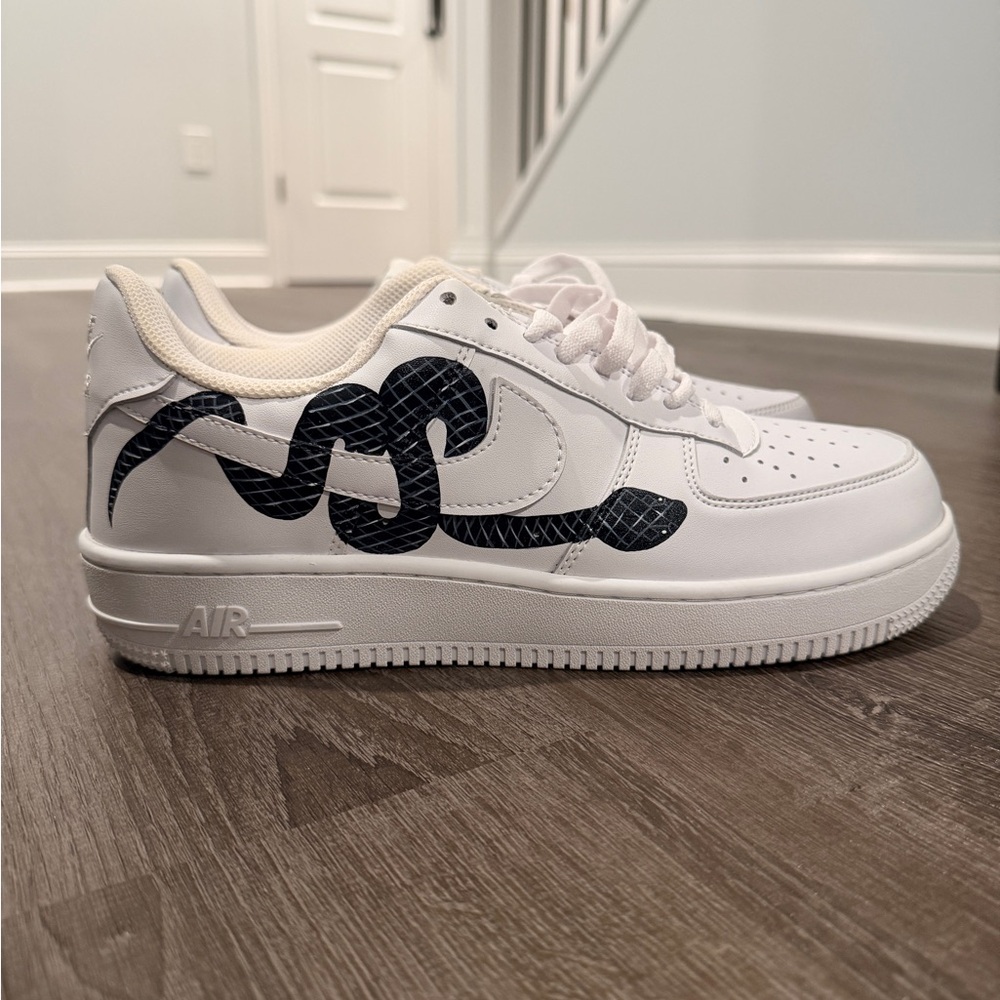 Nike Air Force One’s White Sneakers with Black Snake Pattern